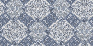 Farm house blue intricate damask seamless border. Tonal french country cottage style trim. Simple rustic fabric textile for shabby chic patchwork