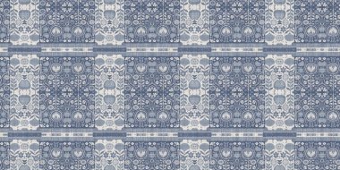 Farm house blue damask seamless border. Tonal french intricate cottage style trim. Simple rustic fabric textile for shabby chic patchwork