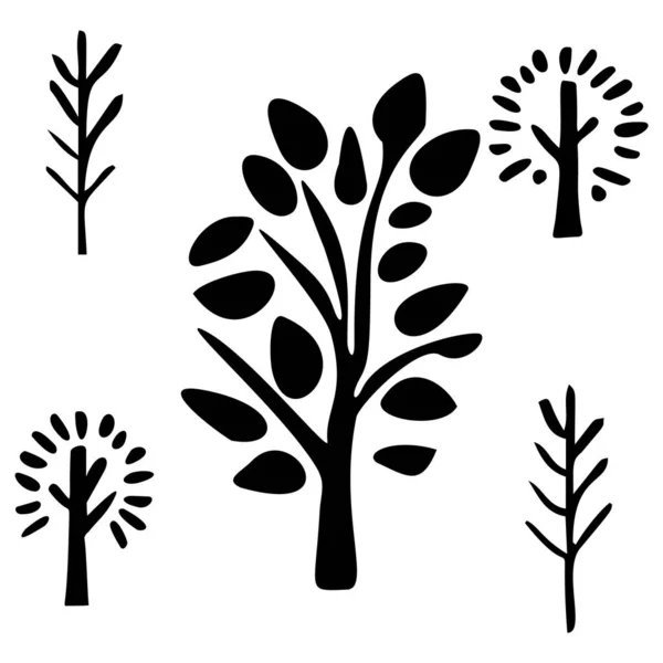 Набор Векторных Мотивов Дерева Стиле Низких Бровей Коллекция Монохромных Икон — стоковый вектор