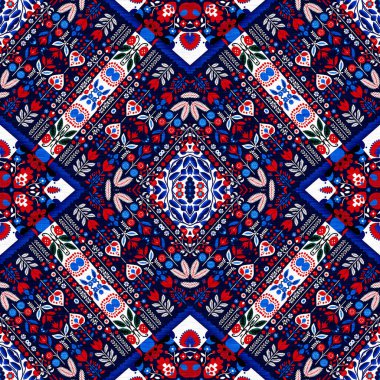 Folkart quilt traditional pattern. Patchwork red white blue trendy allover print. Norwegian style European cloth