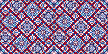 Folkart quilt whimsical border. Norwegian style European cloth. Patchwork red white blue trendy washi tape