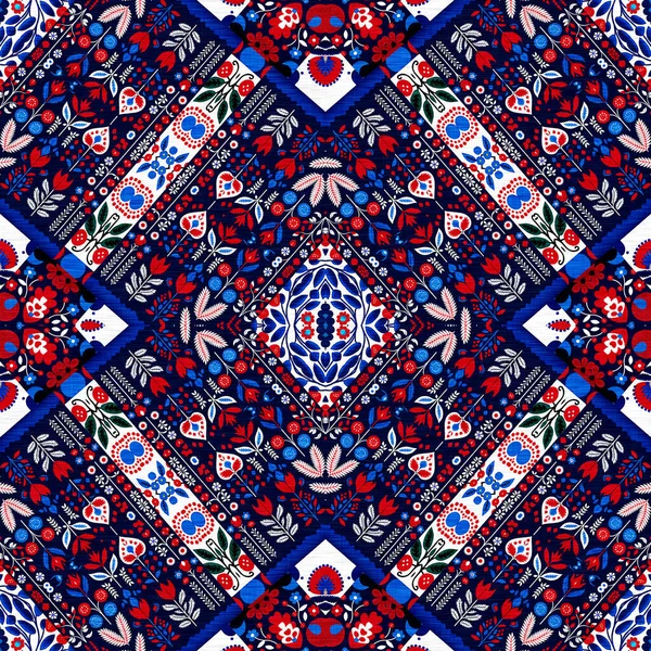 Folkart Quilt Traditional Pattern Patchwork Red White Blue Trendy Allover — Stockfoto