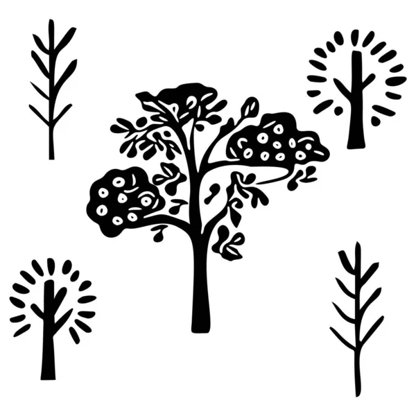 Alçak Kaşlı Vektör Ağaç Motifleri Kümesi Tek Renkli Orman Ikonları — Stok Vektör