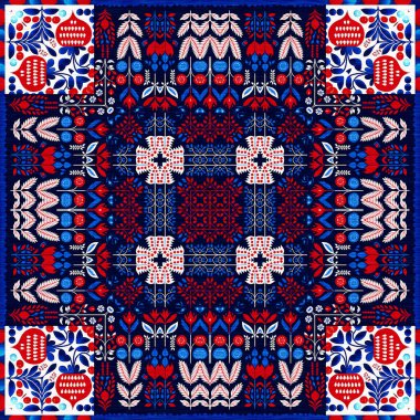 Folkart quilt whimsical pattern. Norwegian style European cloth. Patchwork red white blue trendy allover print