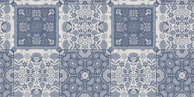 Farm house blue damask seamless border. Tonal french intricate cottage style trim. Simple rustic fabric textile for shabby chic patchwork