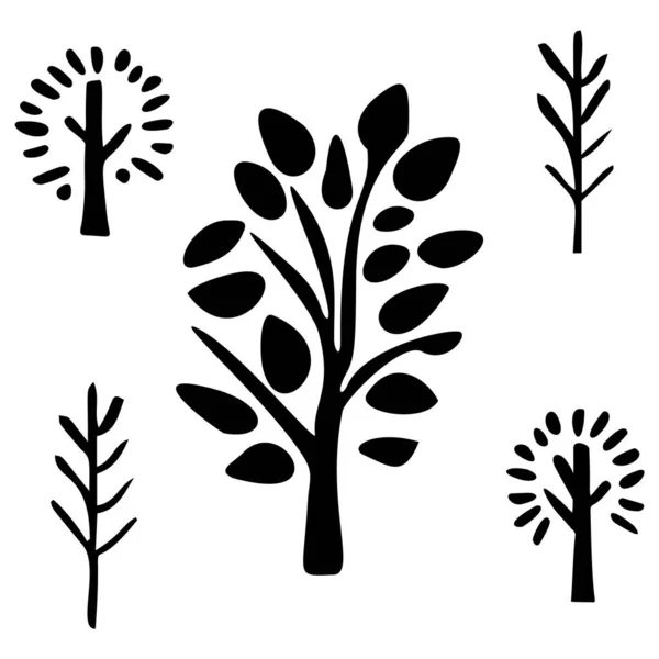 Набір Векторних Мотивів Дерева Низькому Стилі Брови Збірка Монохромних Лісових — стоковий вектор