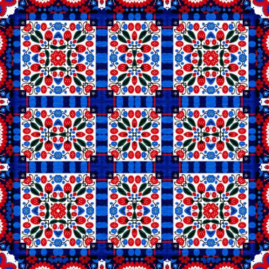 Folkart quilt traditional pattern. Patchwork red white blue trendy allover print. Norwegian style European cloth