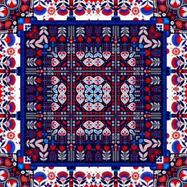 Folkart quilt whimsical pattern. Norwegian style European cloth. Patchwork red white blue trendy allover print