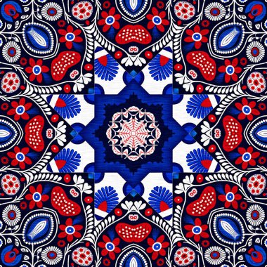 Folkart quilt whimsical pattern. Norwegian style European cloth. Patchwork red white blue trendy allover print