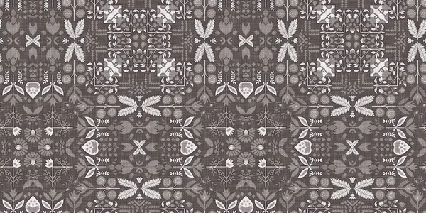 カントリーコテージグレーのレトロなダマスクシームレスな国境 2トーンフレンチスタイルのリボン みすぼらしいシックなパッチワークのためのシンプルな素朴な生地の繊維 — ストック写真