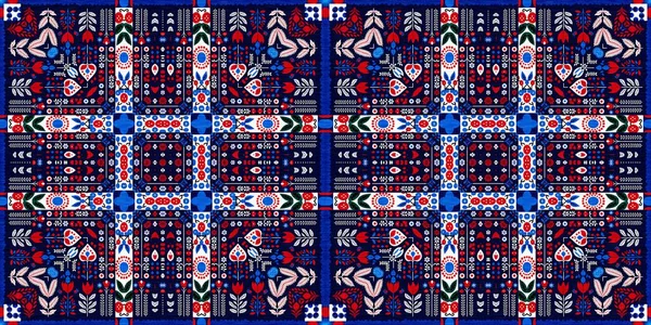 Folkart quilt traditional border. Patchwork red white blue trendy trim. Norwegian style European cloth