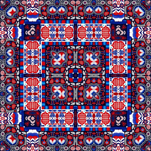 Folkart Quilt Traditional Pattern Patchwork Red White Blue Trendy Allover — стоковое фото