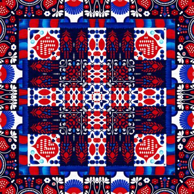 Folkart quilt traditional pattern. Patchwork red white blue trendy allover print. Norwegian style European cloth