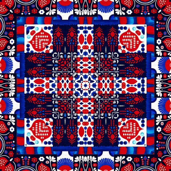 Folkart Quilt Traditional Pattern Patchwork Red White Blue Trendy Allover — Foto Stock