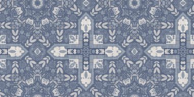 Farm house blue intricate damask seamless border. Tonal french country cottage style trim. Simple rustic fabric textile for shabby chic patchwork