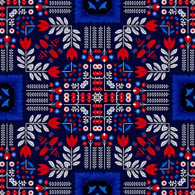 Folkart quilt whimsical pattern. Norwegian style European cloth. Patchwork red white blue trendy allover print