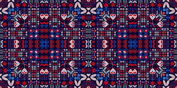 Folkart Quilt Whimsical Border Norwegian Style European Cloth Patchwork Red — Stock Fotó