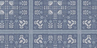 Farm house blue damask seamless border. Tonal french intricate cottage style trim. Simple rustic fabric textile for shabby chic patchwork