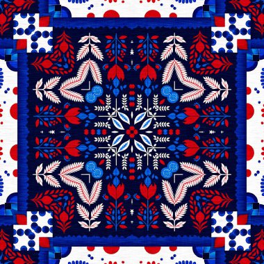 Folkart quilt whimsical pattern. Norwegian style European cloth. Patchwork red white blue trendy allover print