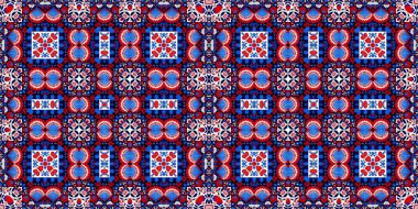 Folkart quilt traditional border. Patchwork red white blue trendy trim. Norwegian style European cloth