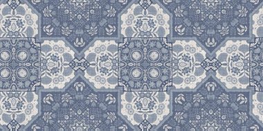 Farm house blue intricate damask seamless border. Tonal french country cottage style trim. Simple rustic fabric textile for shabby chic patchwork