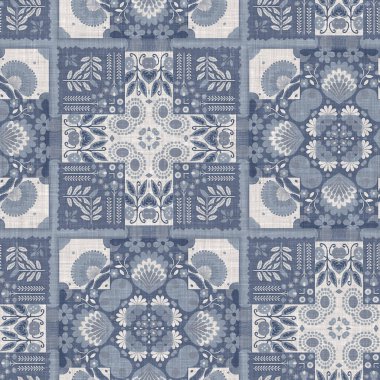 Farm house blue intricate country cottage seamless pattern. Tonal french damask style background. Simple rustic fabric textile for shabby chic patchwork
