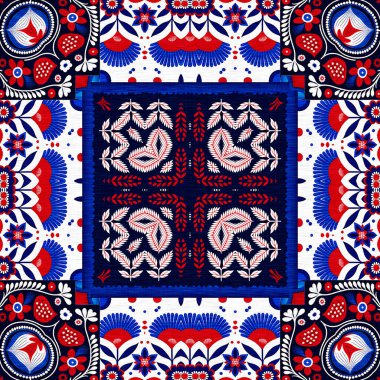 Folkart quilt traditional pattern. Patchwork red white blue trendy allover print. Norwegian style European cloth