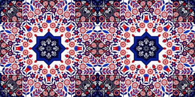 Folkart quilt whimsical border. Norwegian style European cloth. Patchwork red white blue trendy washi tape
