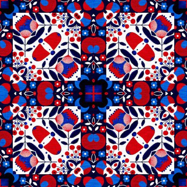 Folkart quilt whimsical pattern. Norwegian style European cloth. Patchwork red white blue trendy allover print