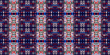 Folkart quilt whimsical border. Norwegian style European cloth. Patchwork red white blue trendy washi tape
