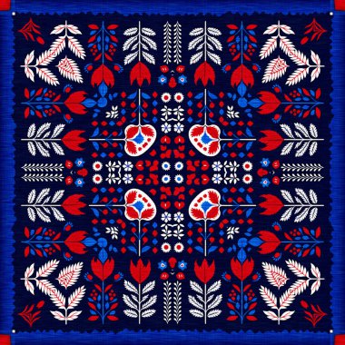 Folkart quilt whimsical pattern. Norwegian style European cloth. Patchwork red white blue trendy allover print
