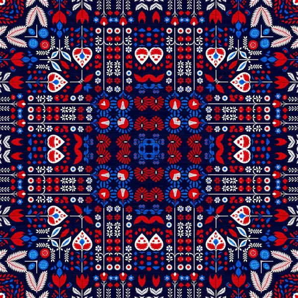 Folkart Quilt Whimsical Pattern Norwegian Style European Cloth Patchwork Red — Stock Photo, Image