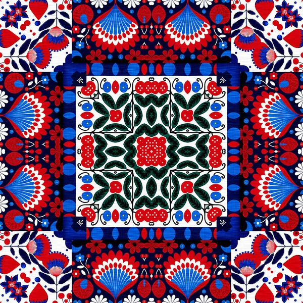 Folkart Quilt Traditional Pattern Patchwork Red White Blue Trendy Allover — Stock Fotó