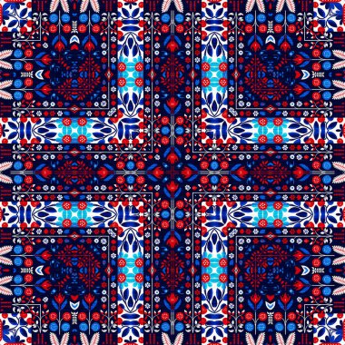 Folkart quilt traditional pattern. Patchwork red white blue trendy allover print. Norwegian style European cloth