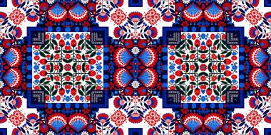 Folkart quilt whimsical border. Norwegian style European cloth. Patchwork red white blue trendy washi tape