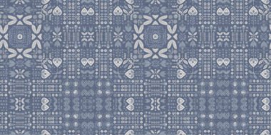Farm house blue damask seamless border. Tonal french intricate cottage style trim. Simple rustic fabric textile for shabby chic patchwork