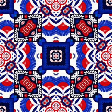 Folkart quilt whimsical pattern. Norwegian style European cloth. Patchwork red white blue trendy allover print