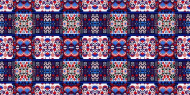 Folkart quilt whimsical border. Norwegian style European cloth. Patchwork red white blue trendy washi tape