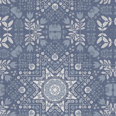 Farm house blue intricate country cottage seamless pattern. Tonal french damask style background. Simple rustic fabric textile for shabby chic patchwork