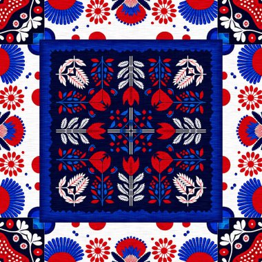 Folkart quilt whimsical pattern. Norwegian style European cloth. Patchwork red white blue trendy allover print