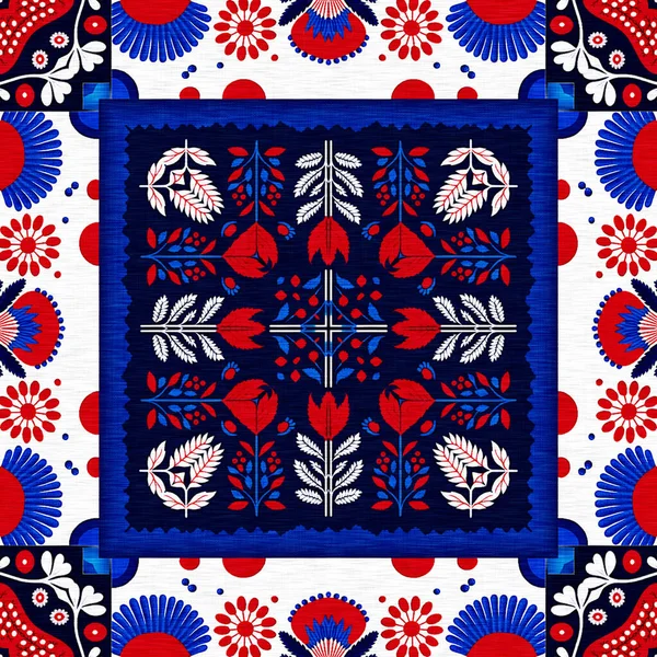 stock image Folkart quilt whimsical pattern. Norwegian style European cloth. Patchwork red white blue trendy allover print