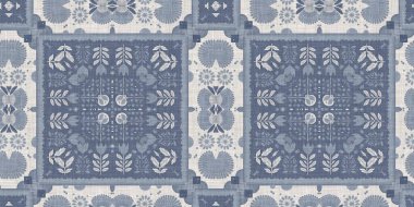 Farm house blue intricate damask seamless border. Tonal french country cottage style trim. Simple rustic fabric textile for shabby chic patchwork