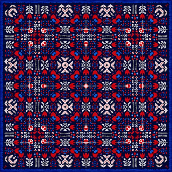 Folkart Quilt Whimsical Pattern Norwegian Style European Cloth Patchwork Red — 图库照片
