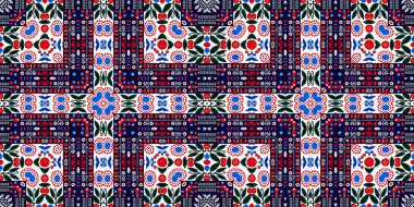 Folkart quilt whimsical border. Norwegian style European cloth. Patchwork red white blue trendy washi tape