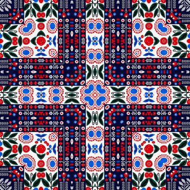 Folkart quilt whimsical pattern. Norwegian style European cloth. Patchwork red white blue trendy allover print