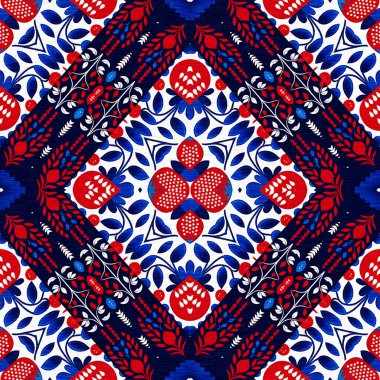 Folkart quilt whimsical pattern. Norwegian style European cloth. Patchwork red white blue trendy allover print