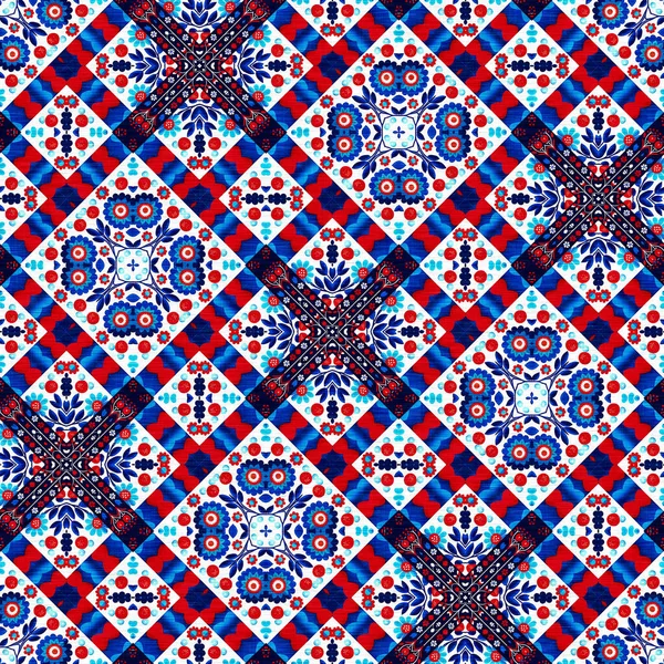 Folkart Quilt Traditional Pattern Patchwork Red White Blue Trendy Allover — ストック写真