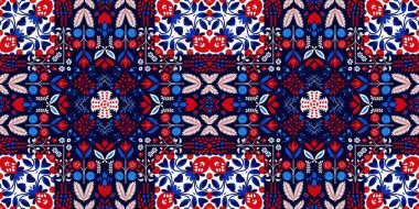 Folkart quilt whimsical border. Norwegian style European cloth. Patchwork red white blue trendy washi tape