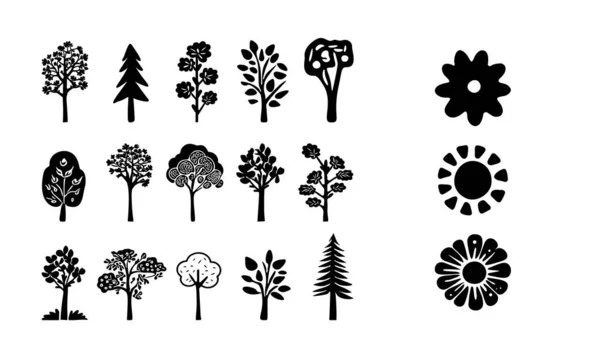 Linocut Στοιχεία Σχεδιασμού Δέντρο Vector Scandi Στυλ Σετ Ασπρόμαυρη Ομάδα — Διανυσματικό Αρχείο