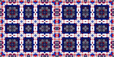 Folkart quilt traditional border. Patchwork red white blue trendy trim. Norwegian style European cloth